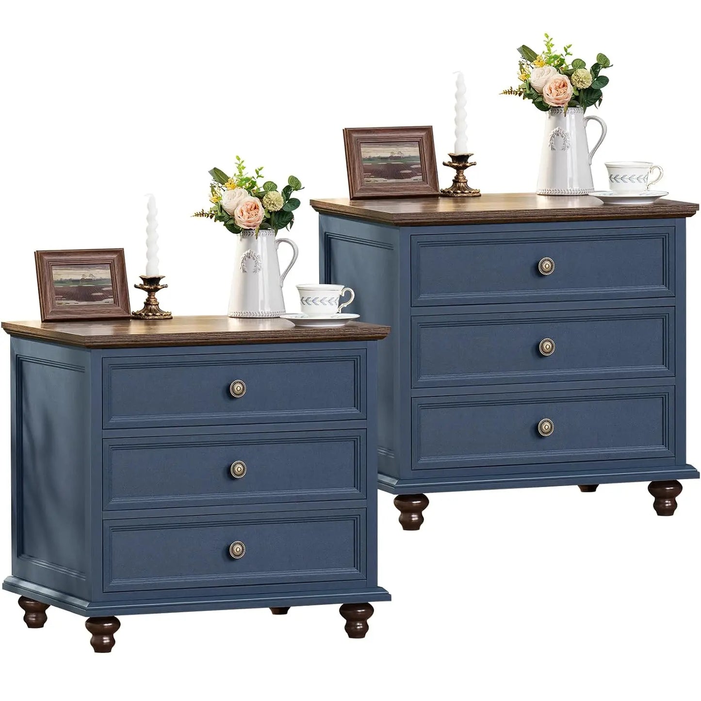 Farmhouse Wood Nightstands Set Of 2 With 3 Drawers Metal Handles