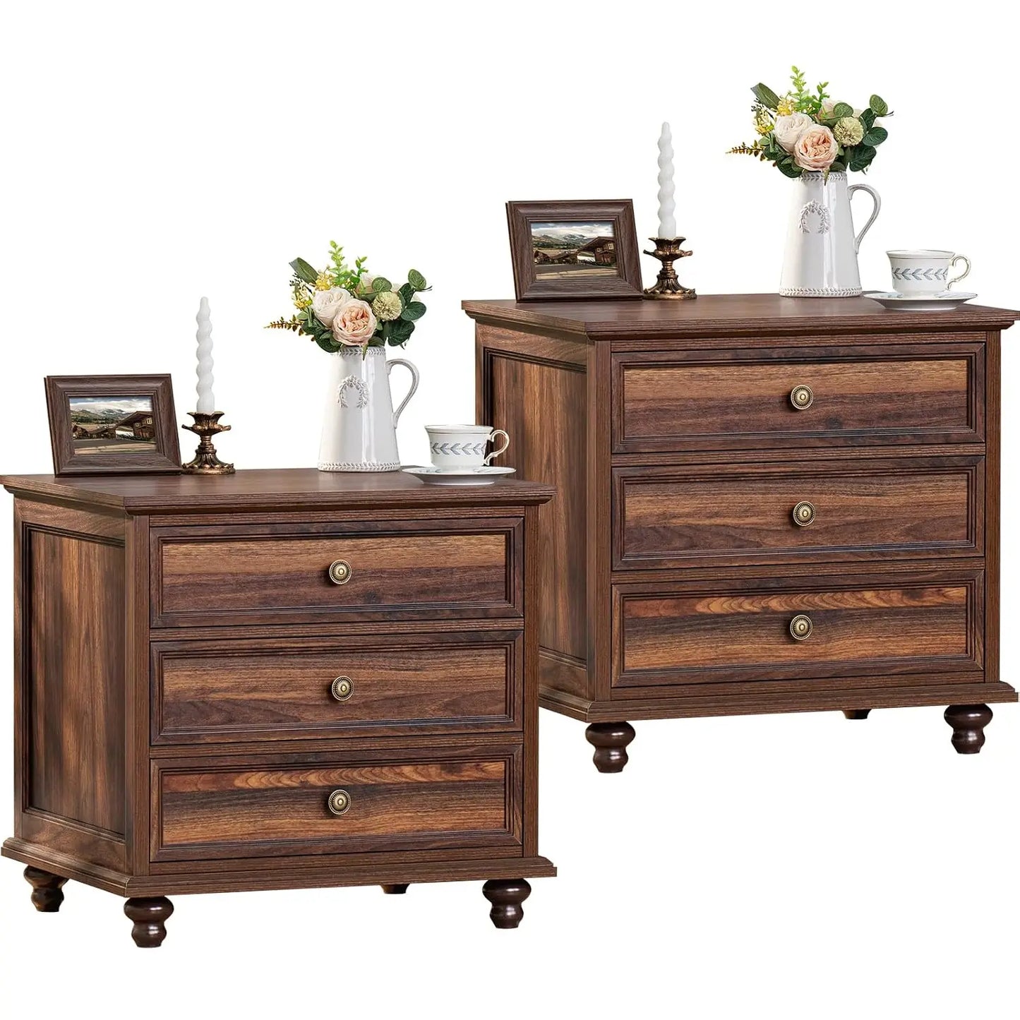 Farmhouse Wood Nightstands Set Of 2 With 3 Drawers Metal Handles