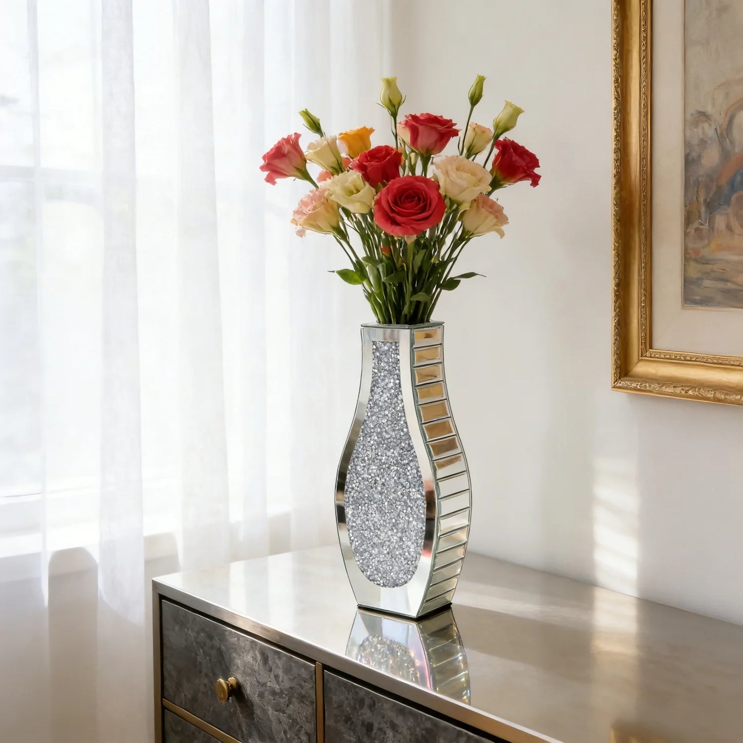Crushed Diamond Mirror Table Vase Crystal Silver Glass Stunning Decorative Vase for Holding Dried Flowers Can’t Hold Water
