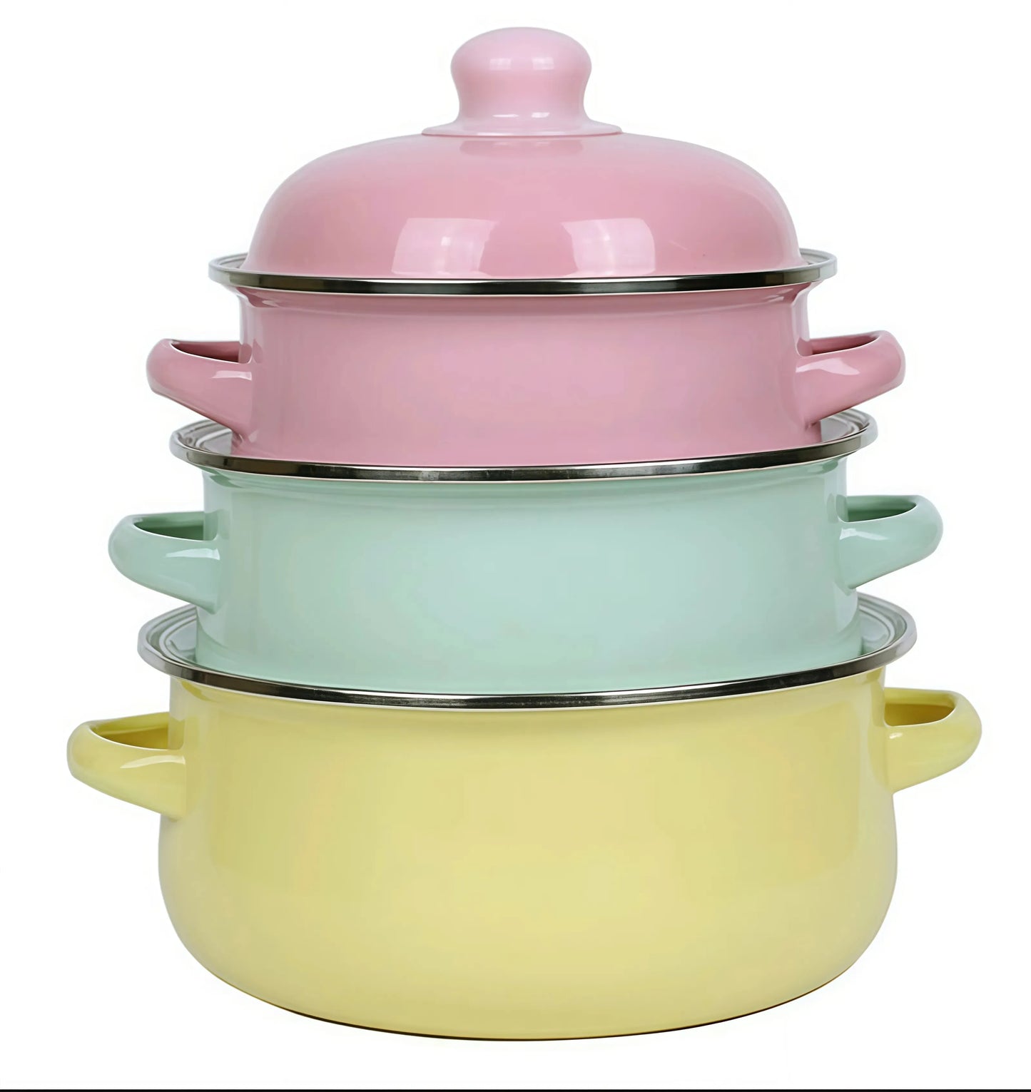 Three Piece Vintage Enamel Stock Pot Set With Lid Induction