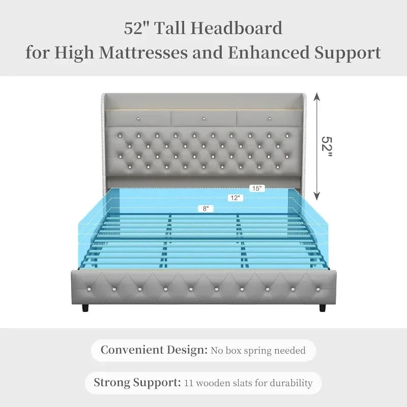 LED Platform Bed Frame With Galaxy Aurora Star Projector And Charging Station