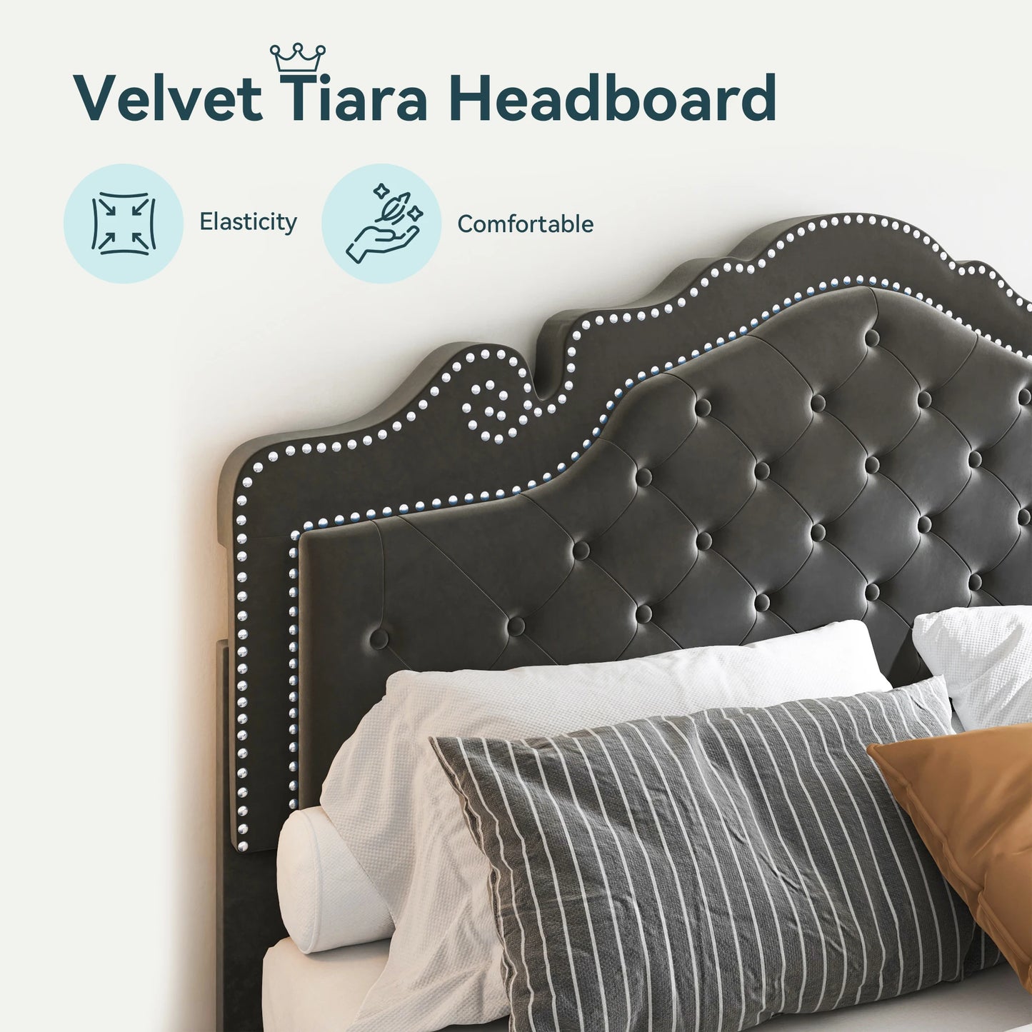 HOOMIC Velvet Platform Bed Frame With Adjustable Tiara Headboard Tufted