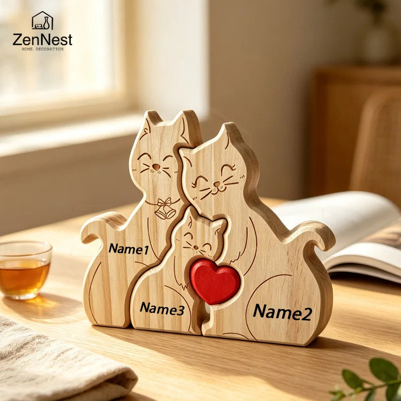 Natural Solid Wood Cat Family Jigsaw Ornament Heart Design Desktop Decor Custom Name Engraving Warm Family Memorial Present