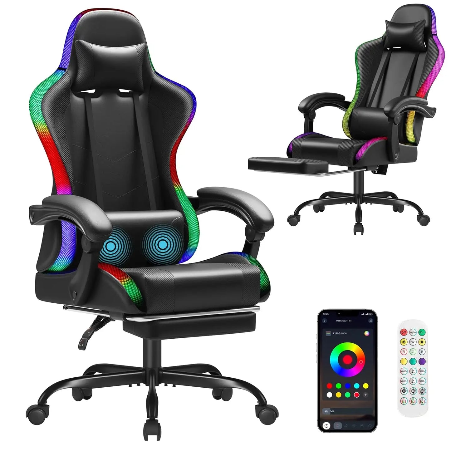 Gaming Chair With Footrest Height Adjustable And Massage Lumbar Support