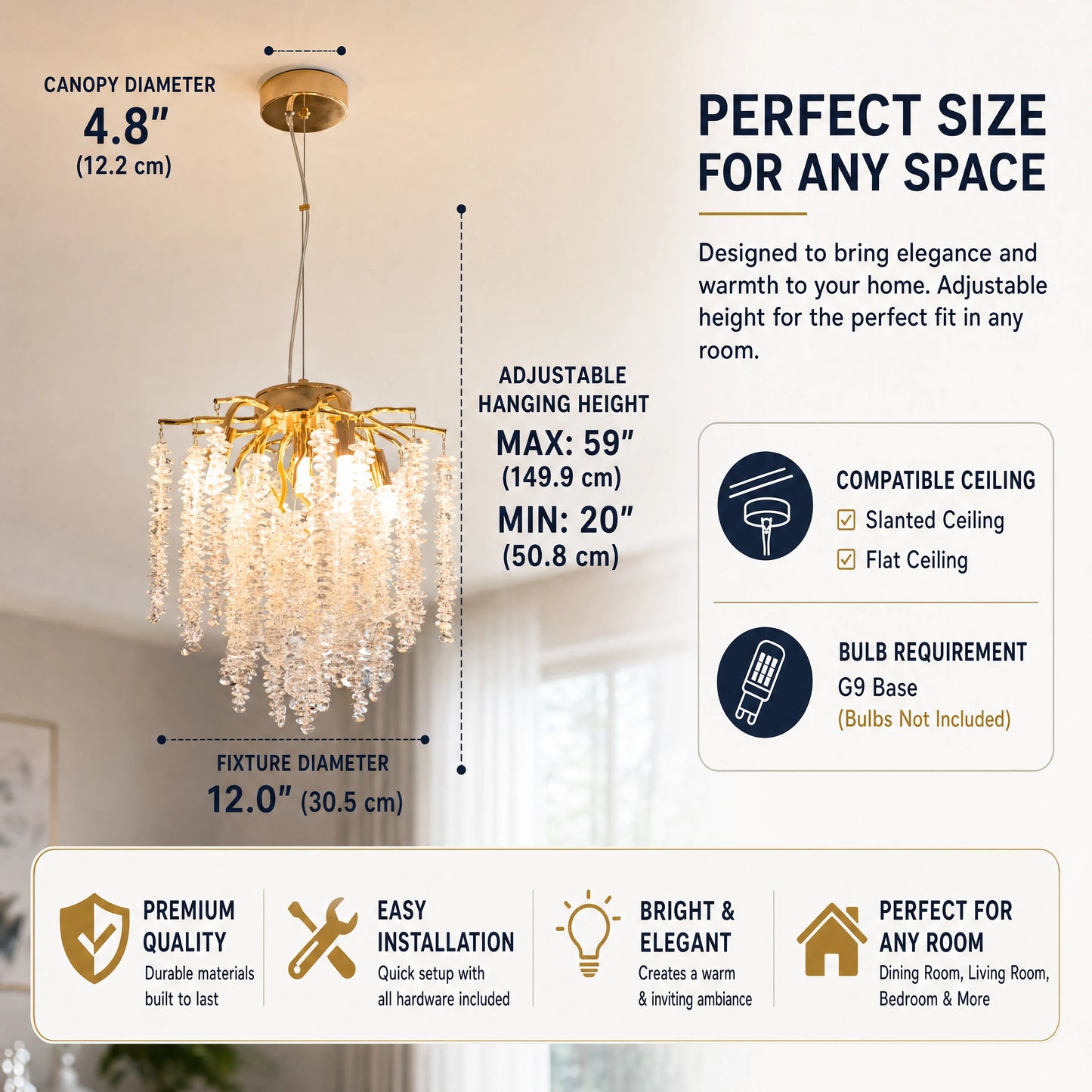 K9 Crystal Tree Branch Chandelier Pendant Light with Adjustable Height
