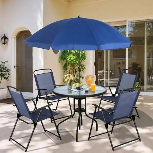 6 Piece Folding Patio Dining Set With Chairs And Umbrella