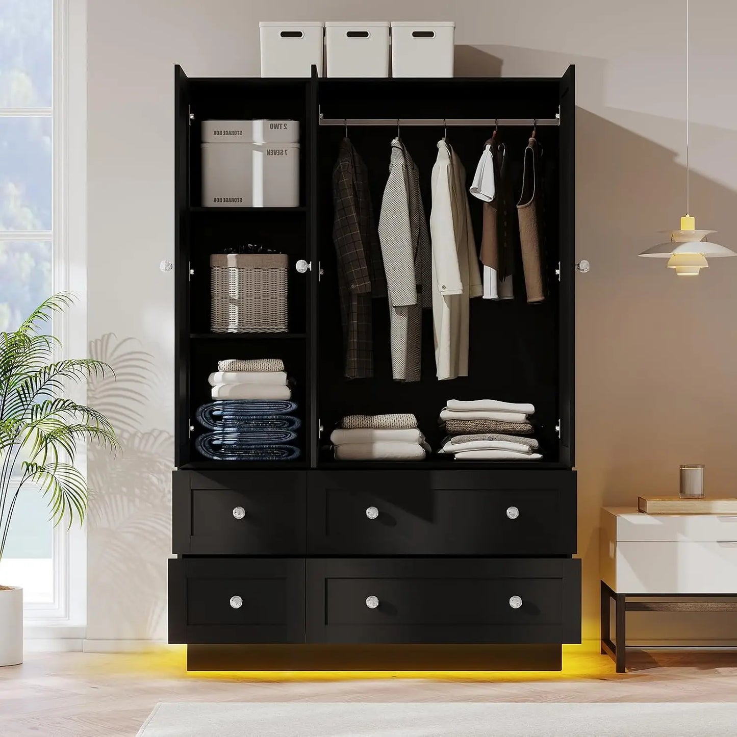 Wardrobe Closet With 3 Doors 4 Drawers Mirror Armoire LED