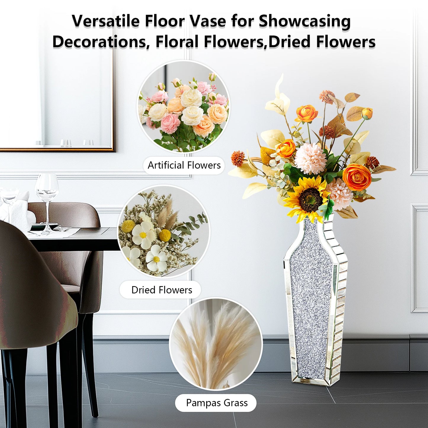 Crushed Diamond Mirrored Glass Floor Vase for Home Decor