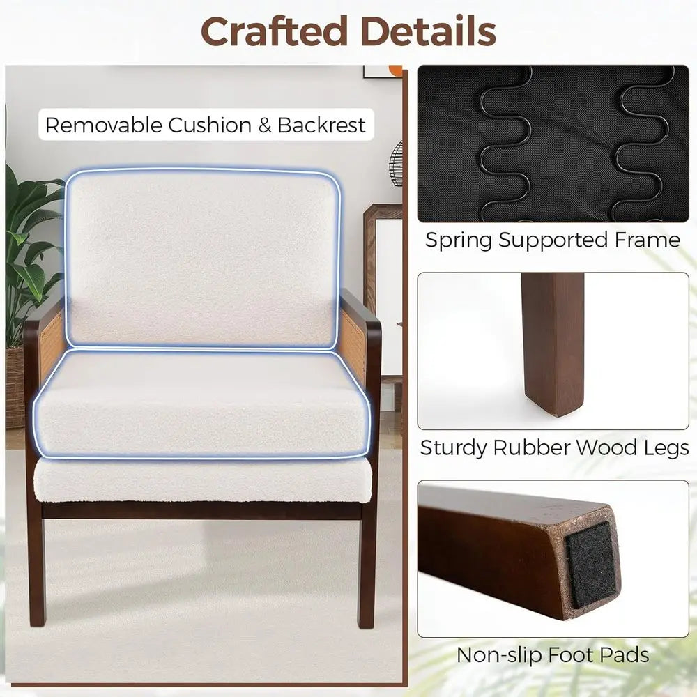 Boho Style Accent Chair With Rattan Arms And Wood Legs
