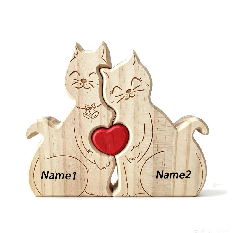Natural Solid Wood Cat Family Jigsaw Ornament Heart Design Desktop Decor Custom Name Engraving Warm Family Memorial Present