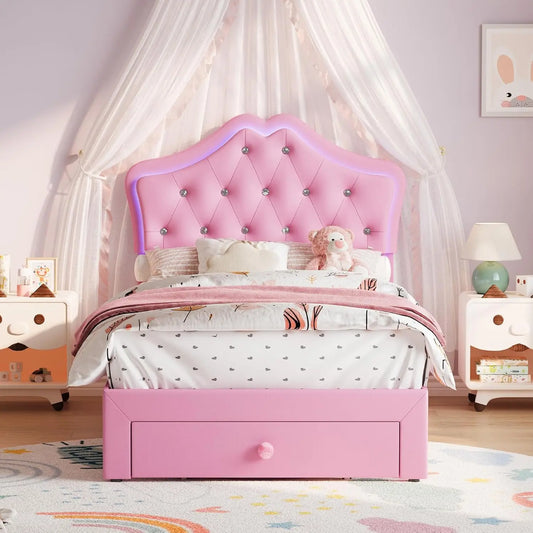 HiMISS Velvet Platform Bed Frame With LED Headboard Storage Drawer