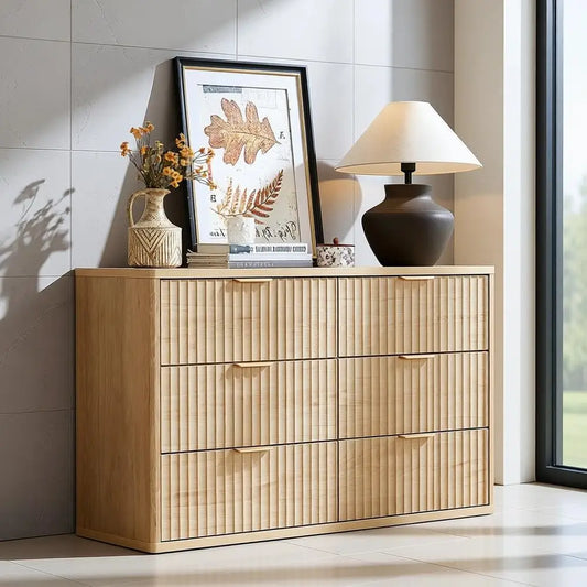 Six Drawer Wide Dresser With Metal Handles Rustic Distressed Wood