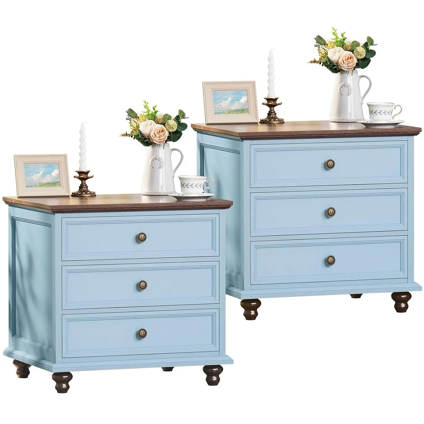 Farmhouse Wood Nightstands Set Of 2 With 3 Drawers Metal Handles