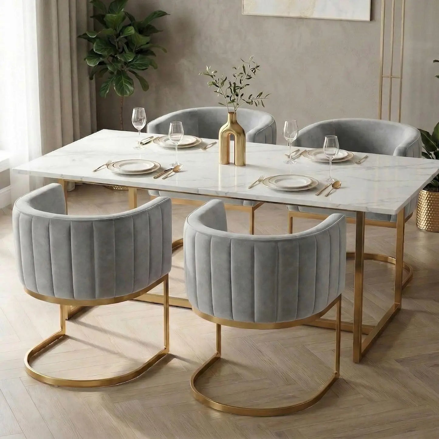 Set Of 4 Velvet Barrel Dining Armchairs With Metal Legs