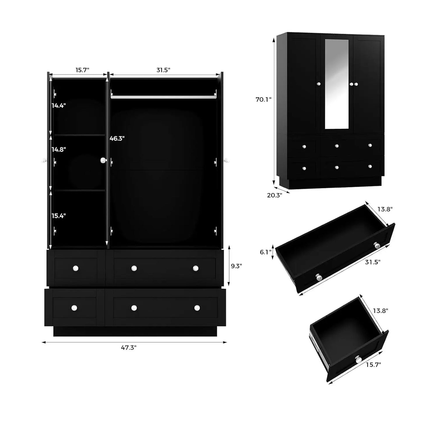 Wardrobe Closet With 3 Doors 4 Drawers Mirror Armoire LED