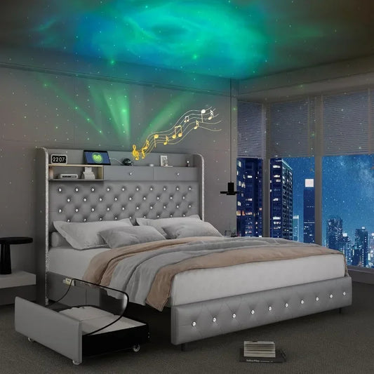 LED Platform Bed Frame With Galaxy Aurora Star Projector And Charging Station