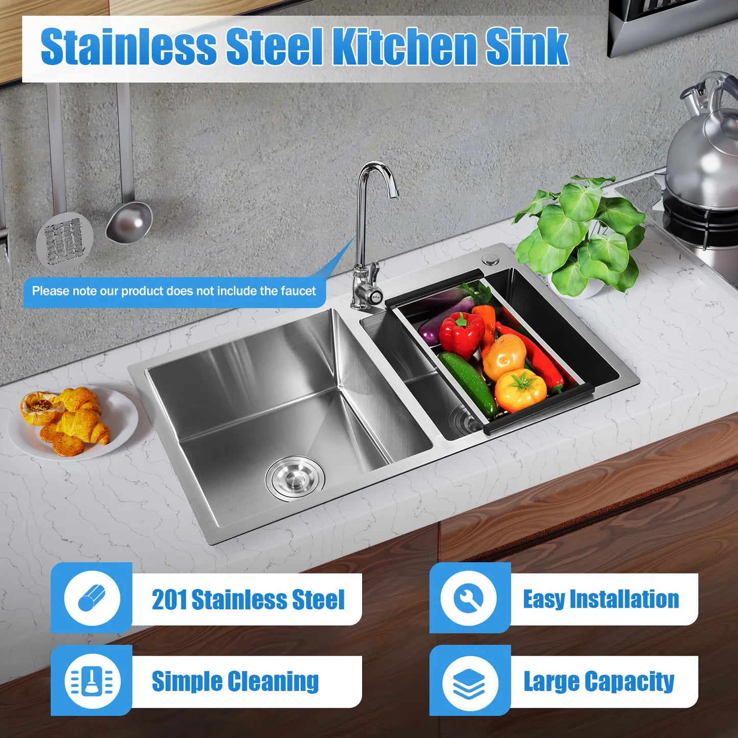 Stainless Steel Double Bowl Drop-in Kitchen Sink Noise Reduction
