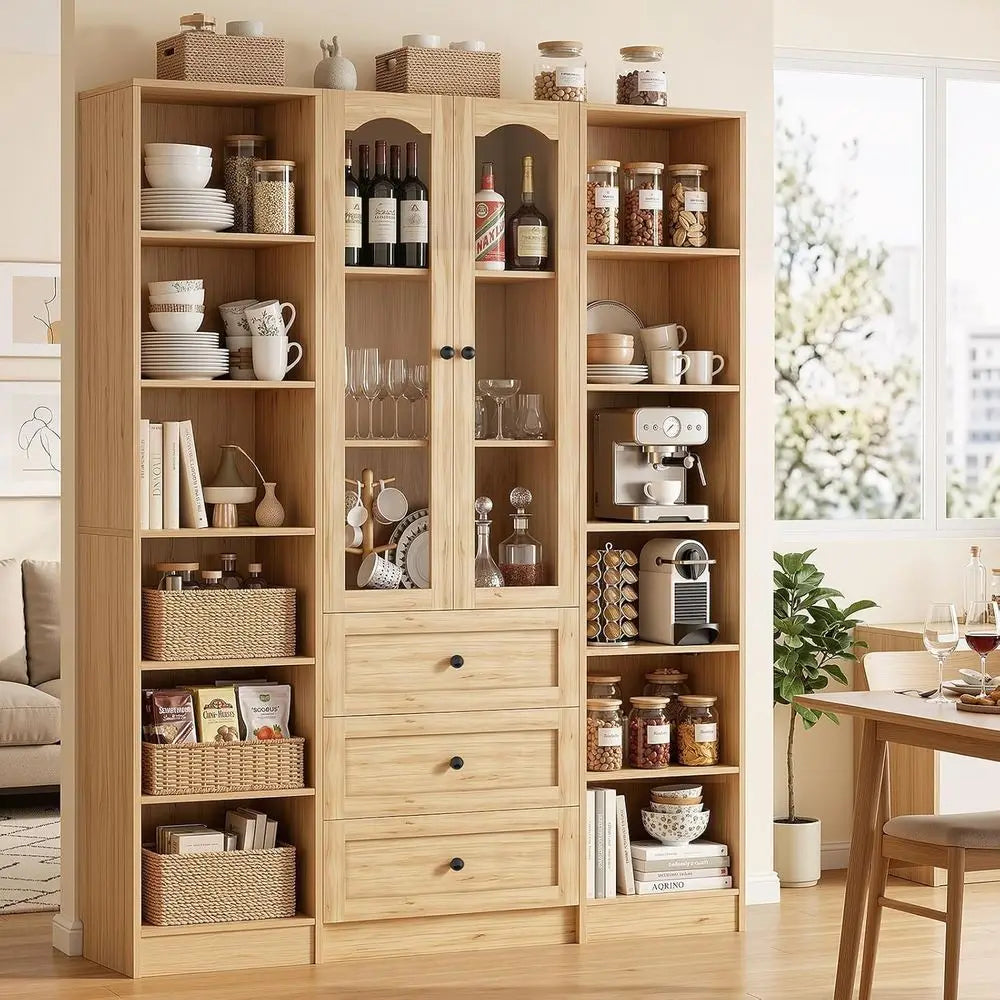 Minimalist Modern Bookcase Set With Six Tier Arched Glass Doors