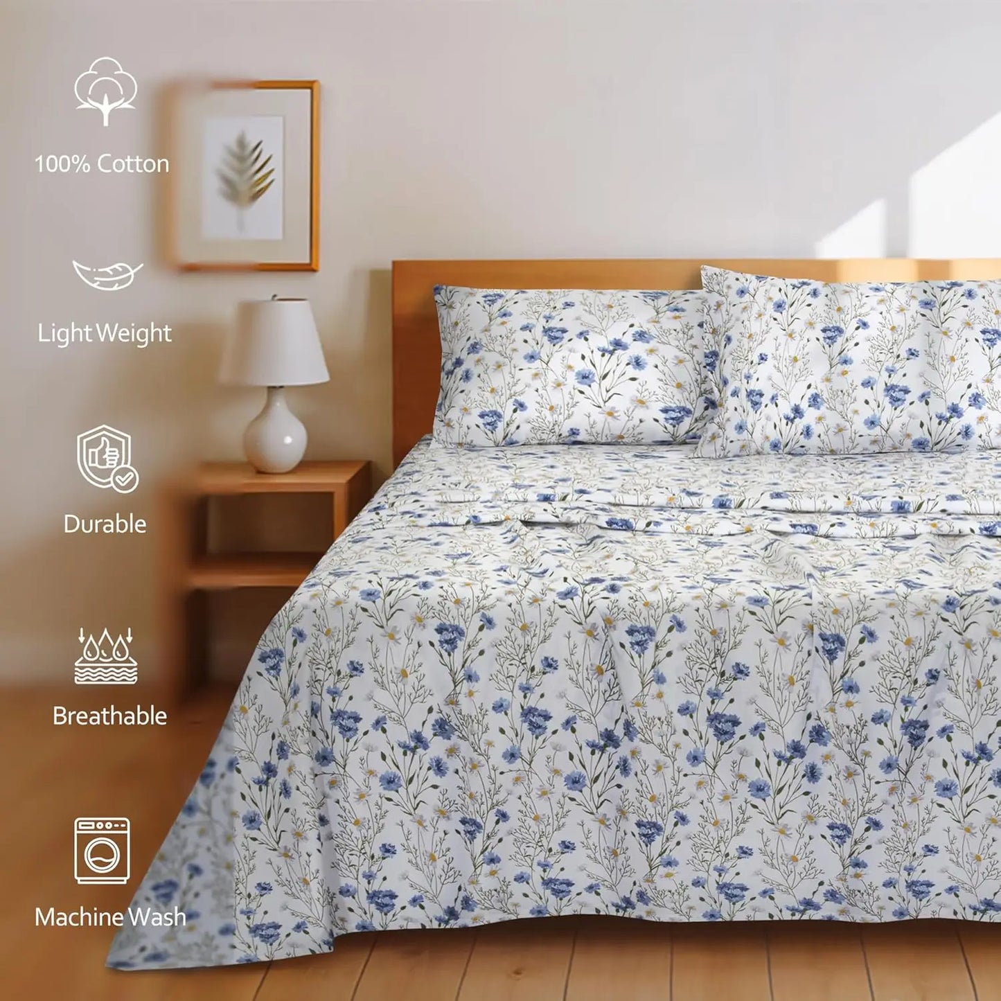 Cotton Percale Sheets 4-Piece Set With Cooling Breathable Floral Design
