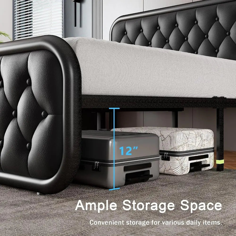 GalnFu Full Metal Bed Frame, Upholstered Bed with Leather Button-Tufted Headboard & Footboard, Heavy-Duty U-Shape Platform Bed,