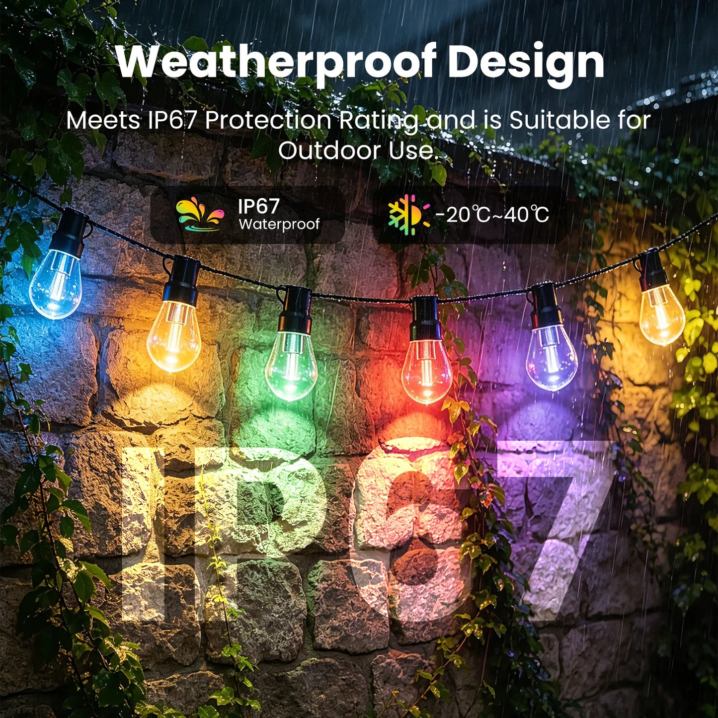 KISUFU Outdoor Smart LED String Lights IP67 Waterproof With APP