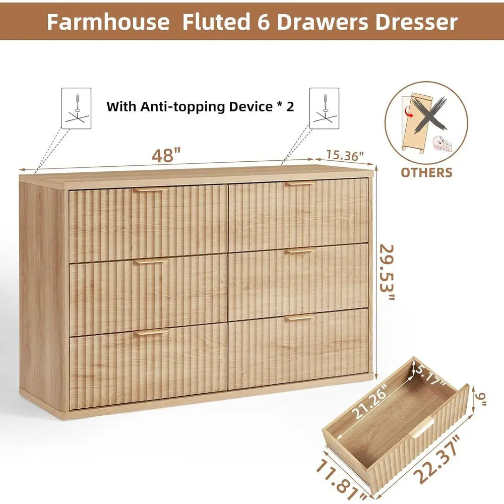 Six Drawer Wide Dresser With Metal Handles Rustic Distressed Wood