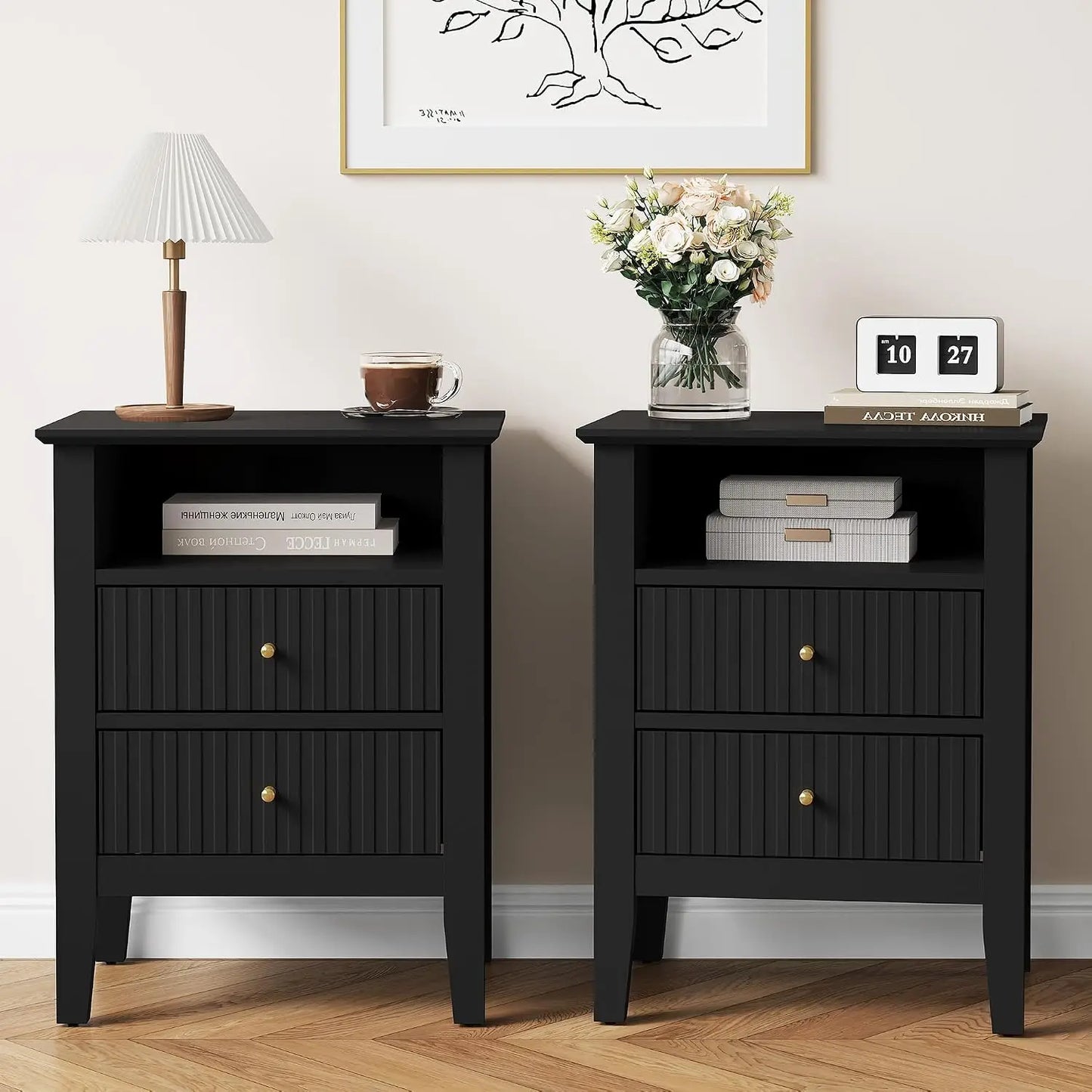 Fluted Nightstand Set Of 2 With Charging Station And Storage Shelf