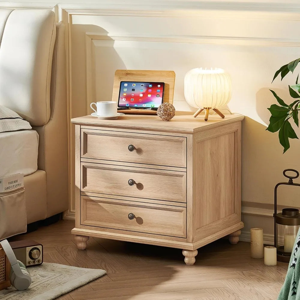 Farmhouse Wood Nightstands Set Of 2 With 3 Drawers Metal Handles