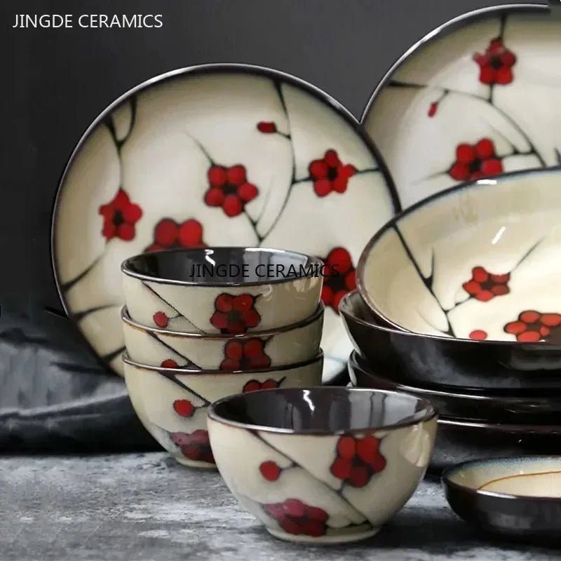 Japanese Ceramic Tableware Household Hand-painted Plum Blossom Ceramic Plate Rice Bowl Home Dinner Plates Kitchen Accessories