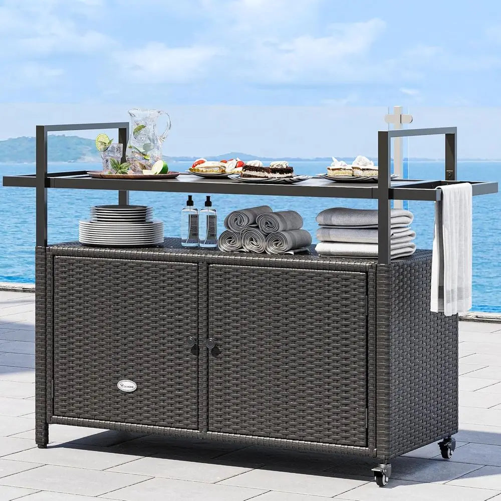 Outdoor Wicker Rolling Kitchen Island With Bar Table Storage