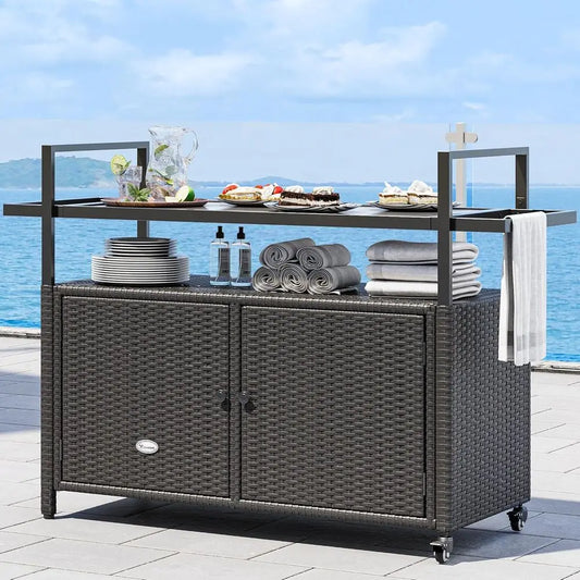 Outdoor Wicker Rolling Kitchen Island With Bar Table Storage