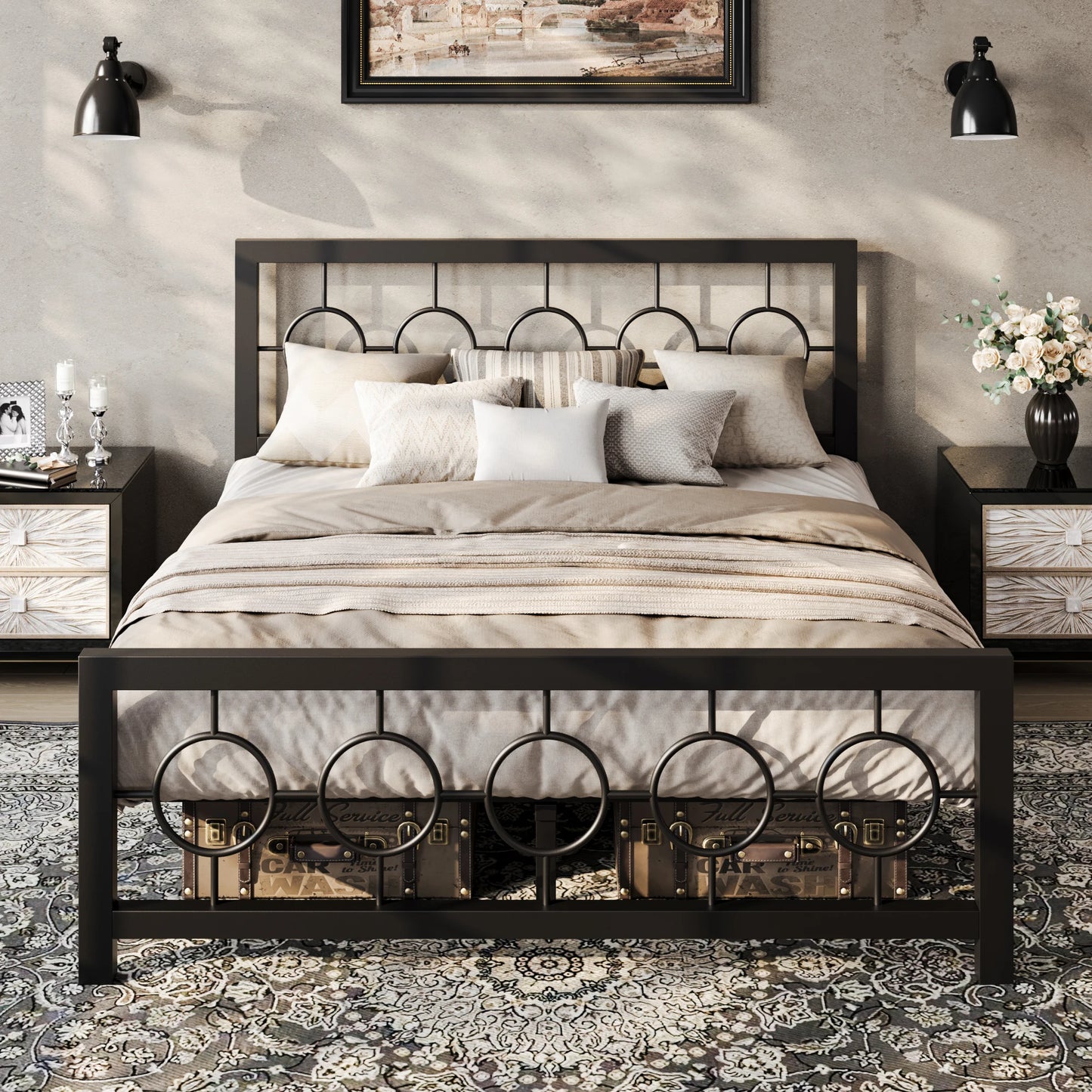 HOOMIC Metal Platform Bed Frame With Circular Headboard And Footboard
