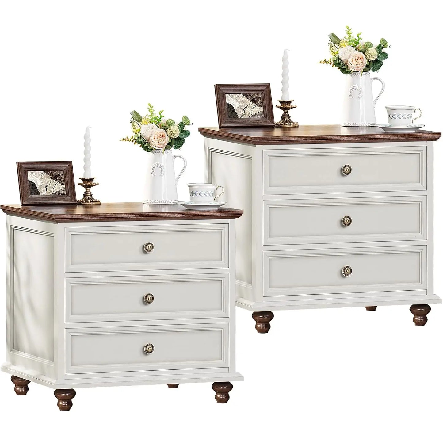 Farmhouse Wood Nightstands Set Of 2 With 3 Drawers Metal Handles