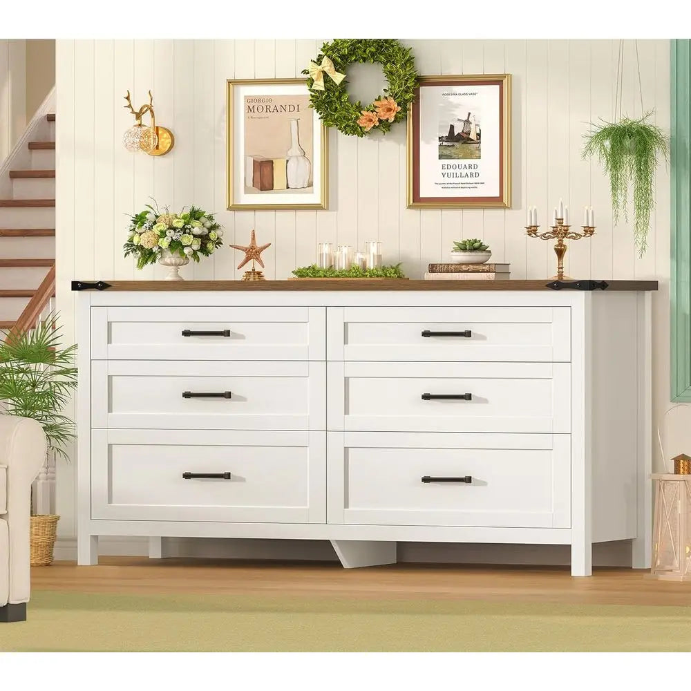 Wooden Six Drawer Dresser With Metal Handles For Bedroom Or Entryway