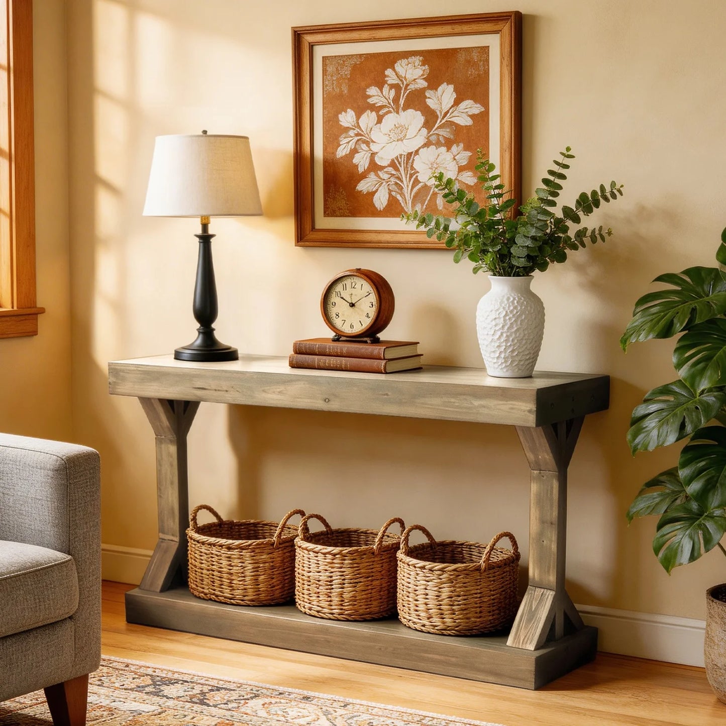 Sofa Console Table With Storage Shelf For Entryway Farmhouse Wood