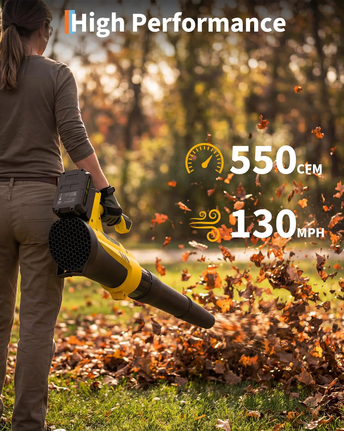 20V Cordless Leaf Blower, 550 CFM 130 MPH Brushless Motor, 6 Variable Speed, 2×2.0Ah Batteries & Fast Charger, 6.99Lbs Lightweight Quiet Electric Blower for Lawn Patio Yard, Yellow