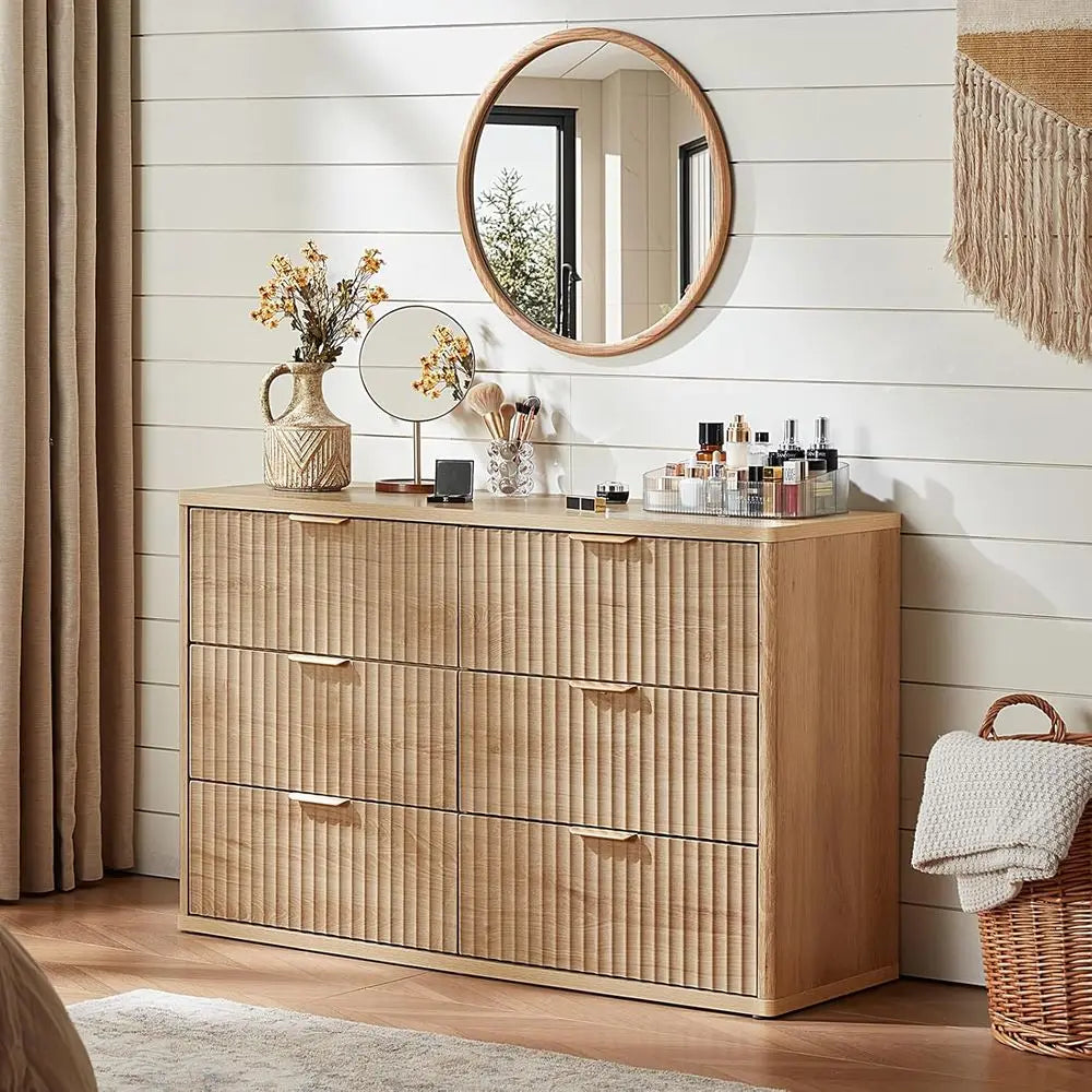 Six Drawer Wide Dresser With Metal Handles Rustic Distressed Wood
