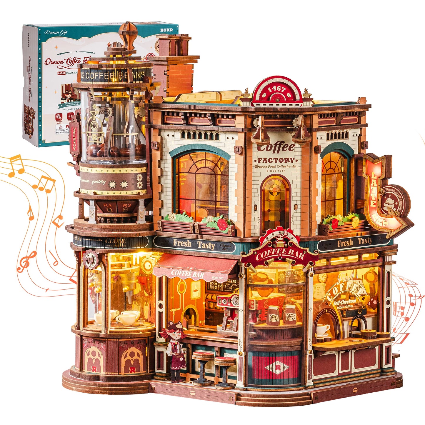 ROKR Dream Coffee Factory 3D Puzzle Music Box LED Kit