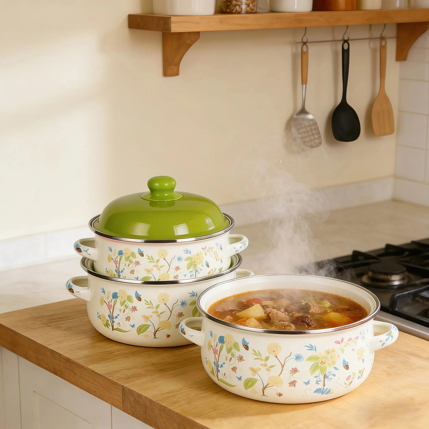 Three Piece Vintage Enamel Stock Pot Set With Lid Induction
