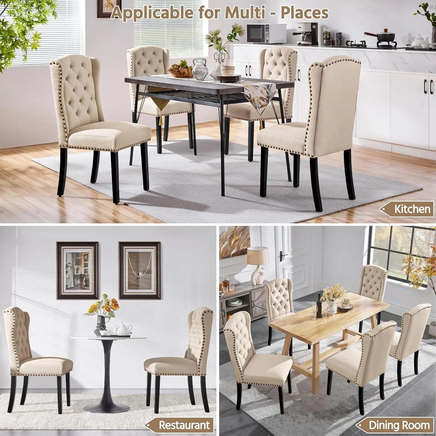 Set Of 2 Button Tufted Dining Chairs With Nailhead Trims And Solid Wood Legs