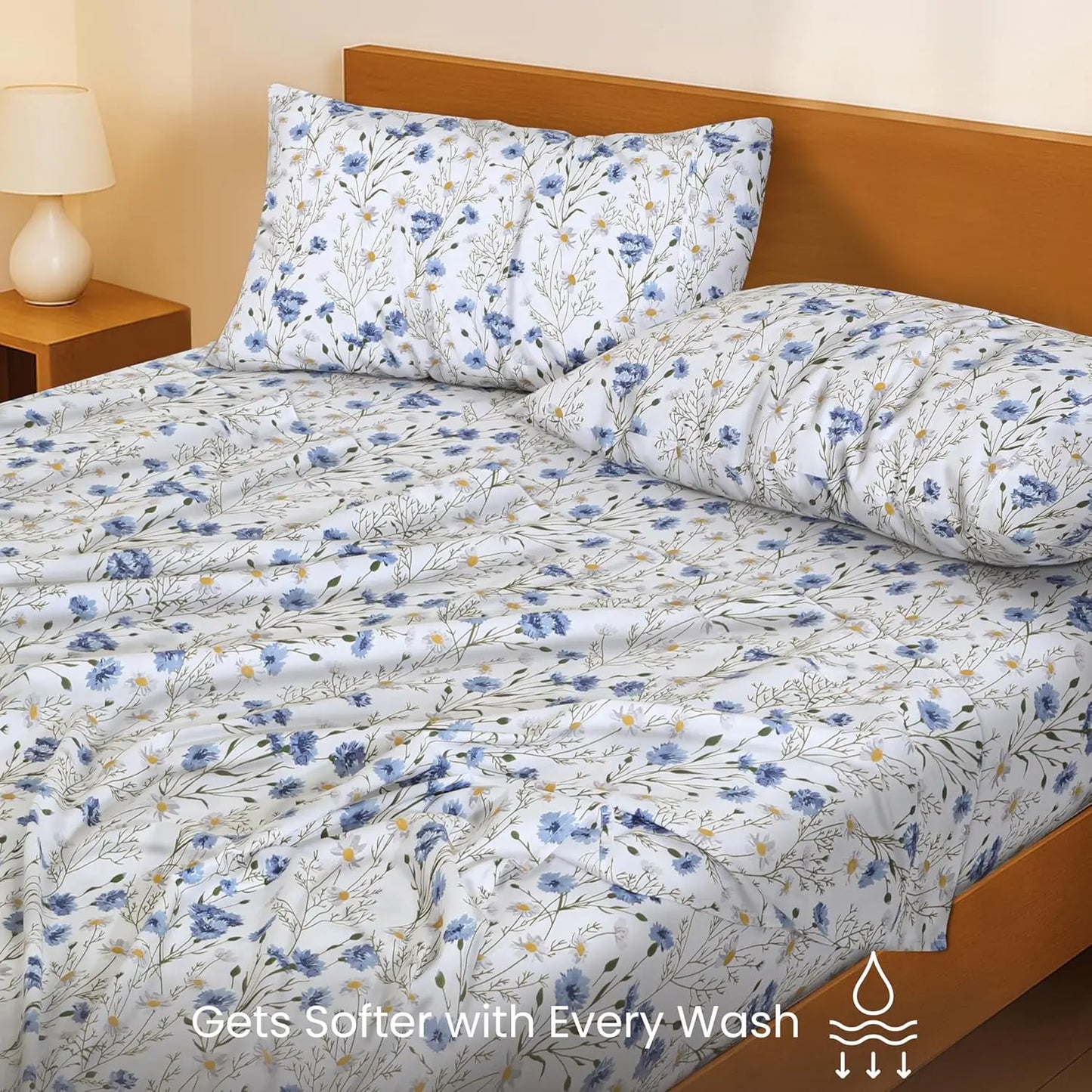 Cotton Percale Sheets 4-Piece Set With Cooling Breathable Floral Design