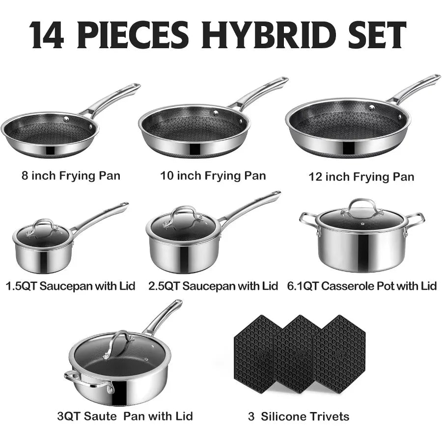 Nonstick 14 Piece Pots And Pans Set Hybrid Stainless Steel Cookware