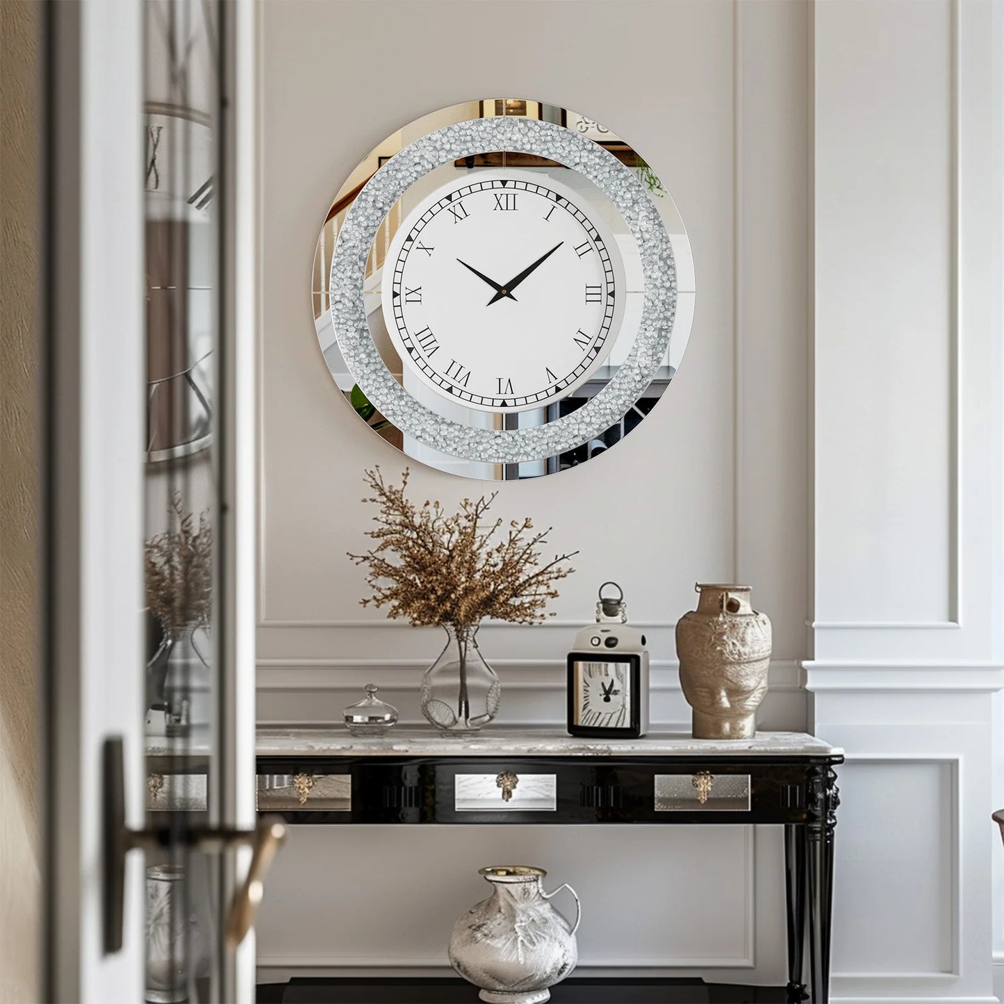 Round Mirror Wall Clock With Crystal Sparkle Finish Living Room