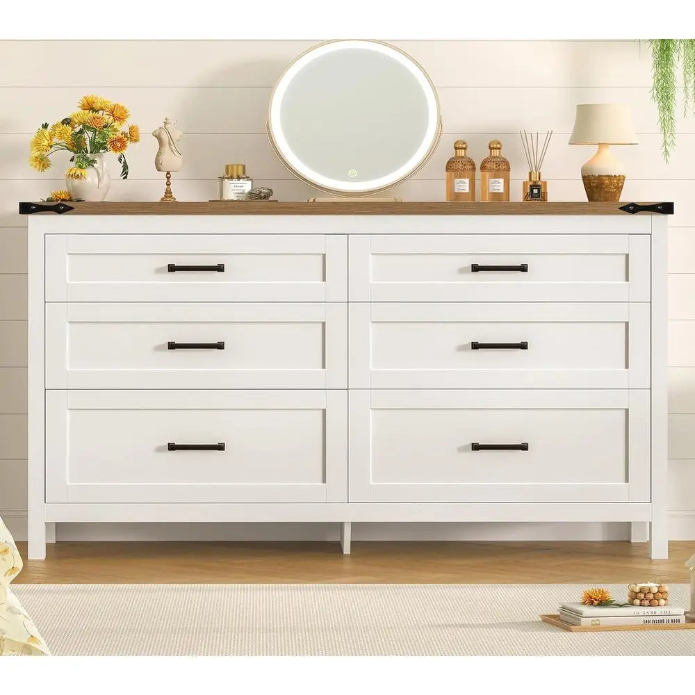 Wooden Six Drawer Dresser With Metal Handles For Bedroom Or Entryway