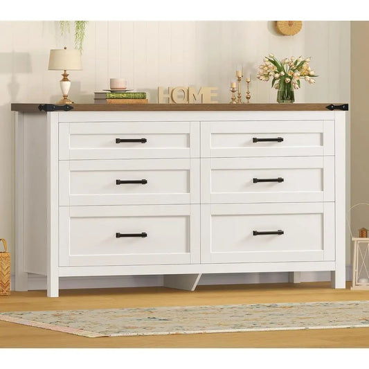 Wooden Six Drawer Dresser With Metal Handles For Bedroom Or Entryway