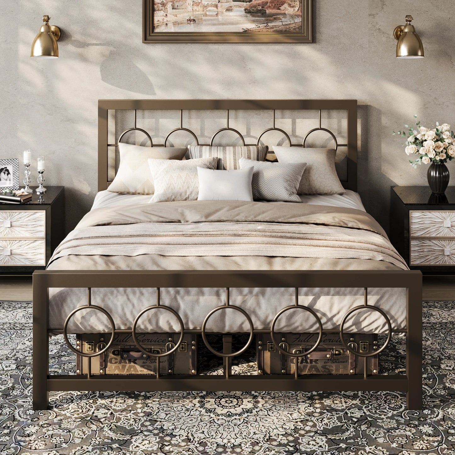 HOOMIC Metal Platform Bed Frame With Circular Headboard And Footboard