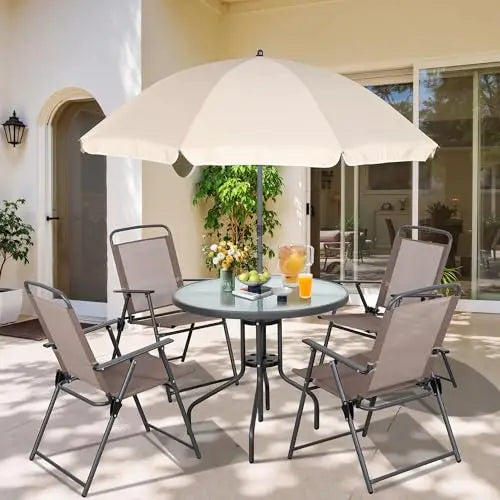 6 Piece Folding Patio Dining Set With Chairs And Umbrella