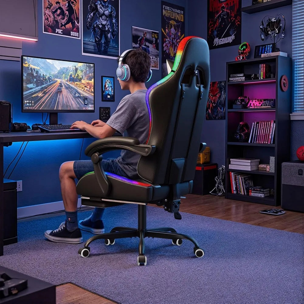 Gaming Chair With Footrest Height Adjustable And Massage Lumbar Support