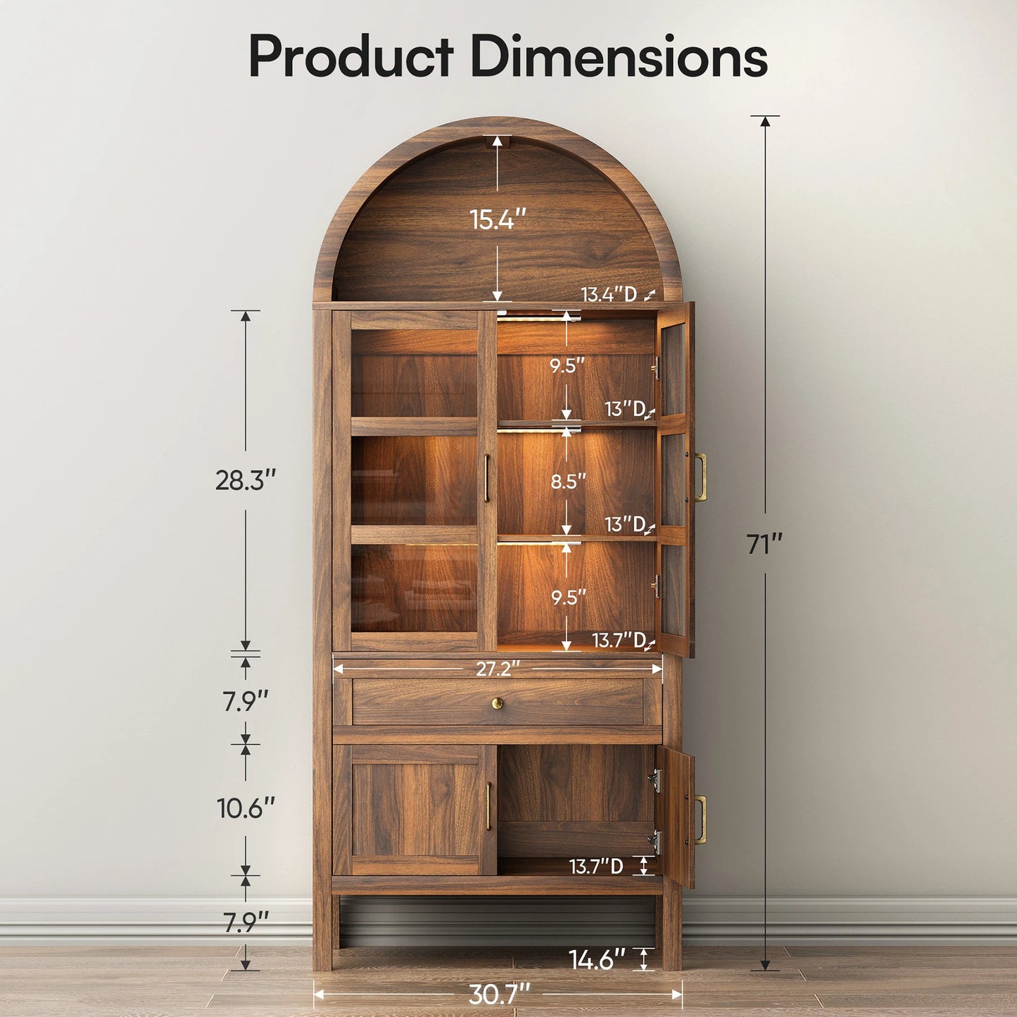 Furgle Arched Wood Storage Cabinet Adjustable Shelves LED Lights