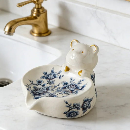 PDQ Vintage Ceramic Bear Soap Dish Draining Holder for Bathroom